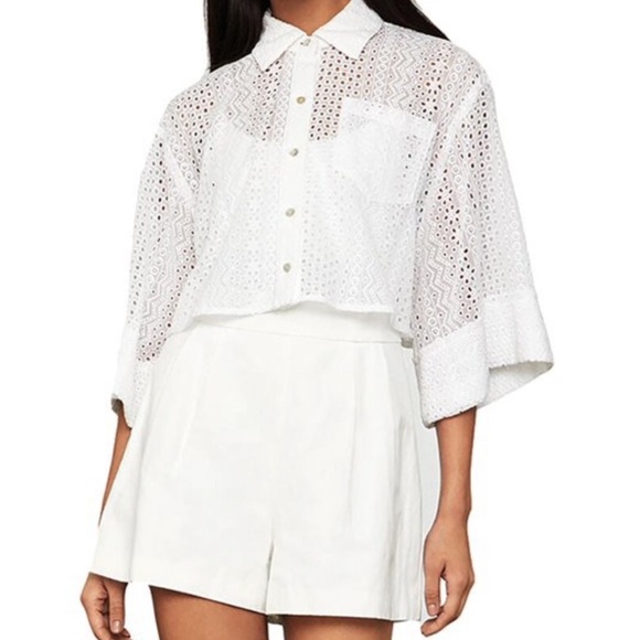 BCBGMaxAzria White Collared Eyelet Button-Down Crop - Picture 2 of 7